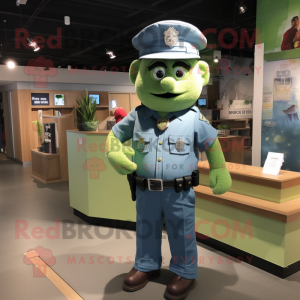 Green Police Officer mascot costume character dressed with a Chambray Shirt and Caps