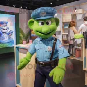 Green Police Officer mascot costume character dressed with a Chambray Shirt and Caps