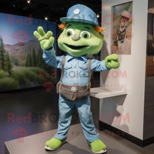 Green Police Officer mascot costume character dressed with a Chambray Shirt and Caps