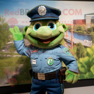 Green Police Officer mascot costume character dressed with a Chambray Shirt and Caps
