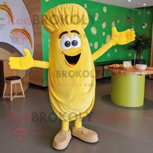 Yellow Pesto Pasta mascot costume character dressed with a Bootcut Jeans and Rings