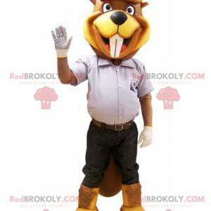 Mascot yellow and brown beaver in construction outfit -