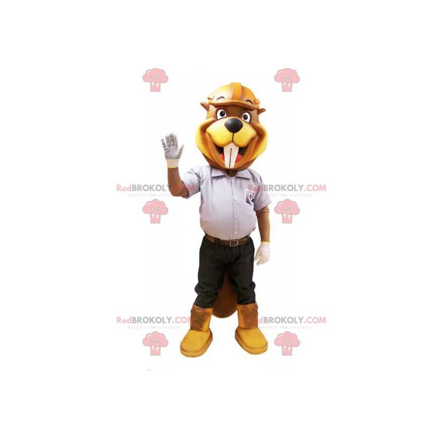 Mascot yellow and brown beaver in construction outfit -