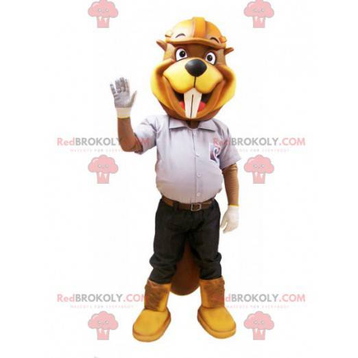 Mascot yellow and brown beaver in construction outfit -