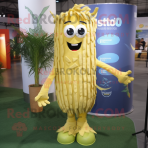 Yellow Pesto Pasta mascot costume character dressed with a Bootcut Jeans and Rings