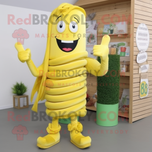 Yellow Pesto Pasta mascot costume character dressed with a Bootcut Jeans and Rings