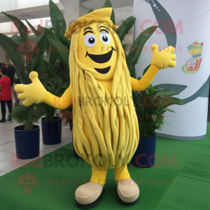 Yellow Pesto Pasta mascot costume character dressed with a Bootcut Jeans and Rings