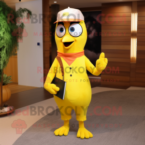 Lemon Yellow Woodpecker mascot costume character dressed with a Oxford Shirt and Mittens