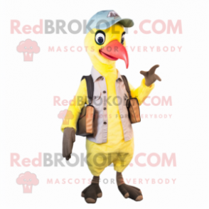 Lemon Yellow Woodpecker mascot costume character dressed with a Oxford Shirt and Mittens