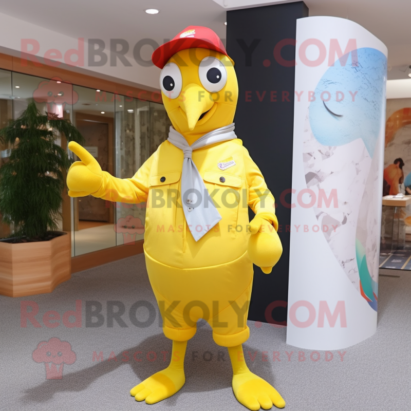 Lemon Yellow Woodpecker mascot costume character dressed with a Oxford Shirt and Mittens