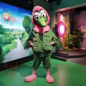 Forest Green Flamingo mascot costume character dressed with a Parka and Bracelets