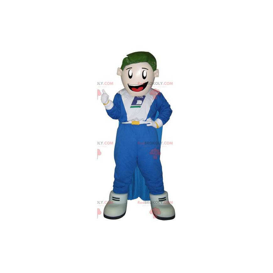 Lächelndes Schneemannmaskottchen mit Overall und Umhang -