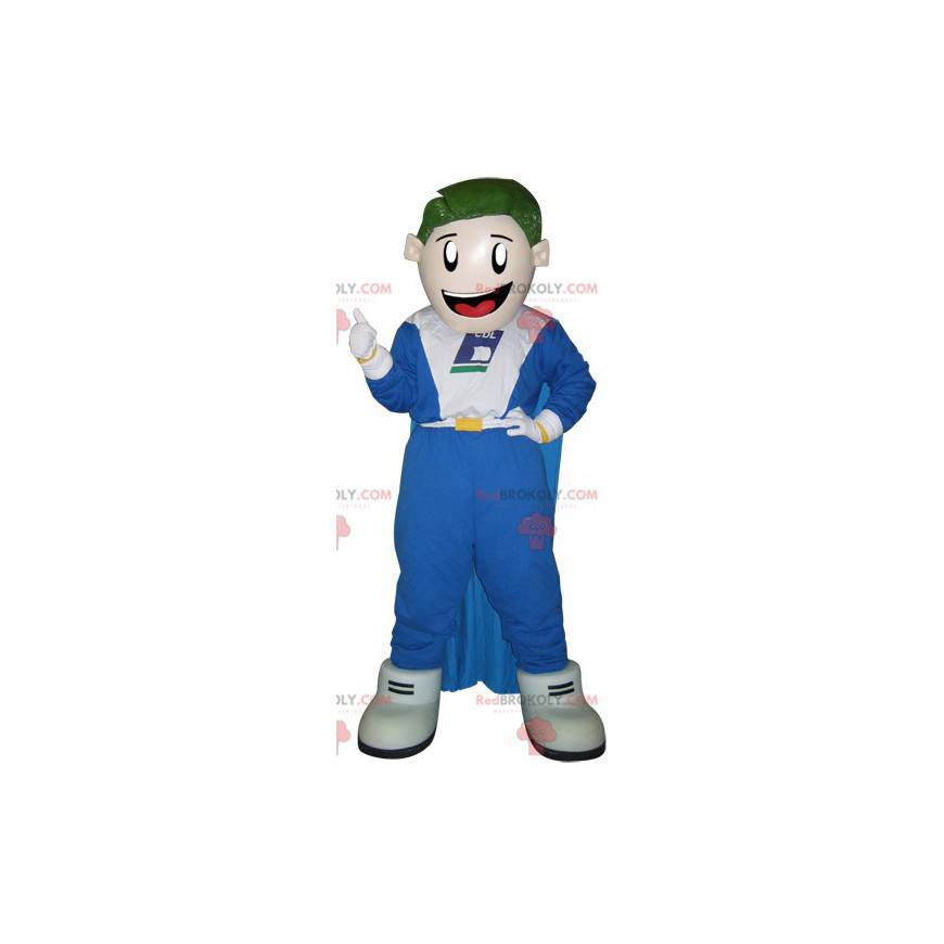 Smiling snowman mascot with a jumpsuit and a cape -