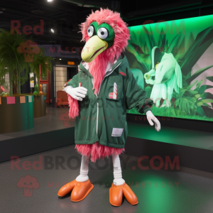 Forest Green Flamingo mascot costume character dressed with a Parka and Bracelets