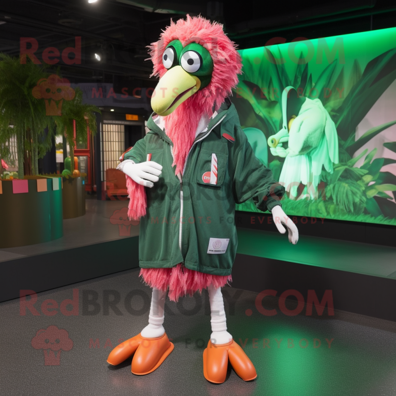 Forest Green Flamingo mascot costume character dressed with a Parka and Bracelets Forest Green Flamingo mascot costume character dressed with a Parka and Bracelets