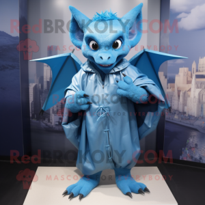 Blue Gargoyle mascot costume character dressed with a Raincoat and Wraps