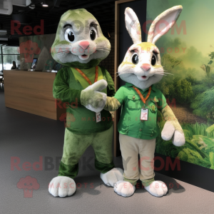 Green Wild Rabbit mascot costume character dressed with a Boyfriend Jeans and Necklaces