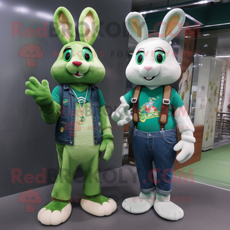 Green Wild Rabbit mascot costume character dressed with a Boyfriend Jeans and Necklaces