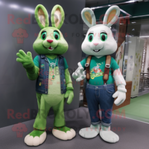 Green Wild Rabbit mascot costume character dressed with a Boyfriend Jeans and Necklaces