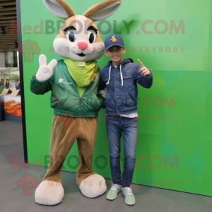 Green Wild Rabbit mascot costume character dressed with a Boyfriend Jeans and Necklaces