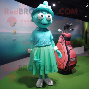 Cyan Golf Bag mascot costume character dressed with a Midi Dress and Watches