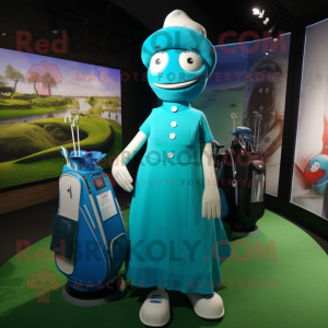 Cyan Golf Bag mascot costume character dressed with a Midi Dress and Watches