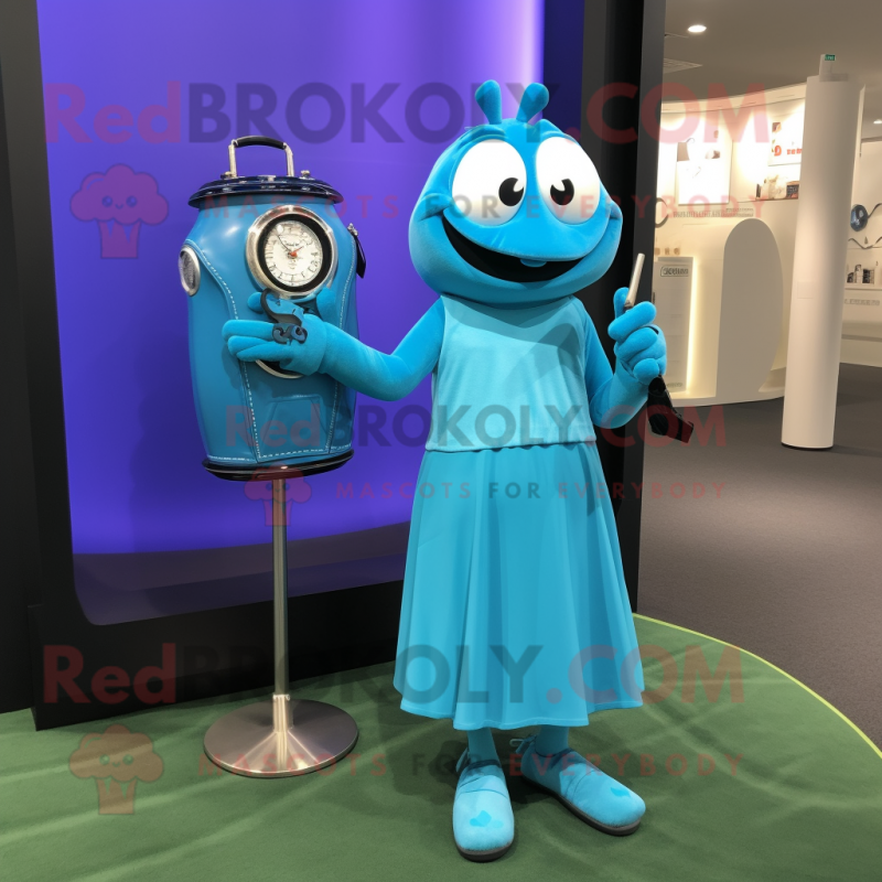 Cyan Golf Bag mascot costume character dressed with a Midi Dress and Watches Cyan Golf Bag mascot costume character dressed with a Midi Dress and Watches
