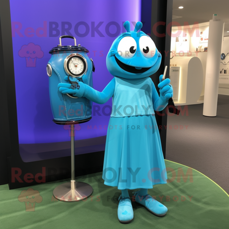 Cyan Golf Bag mascot costume character dressed with a Midi Dress and Watches