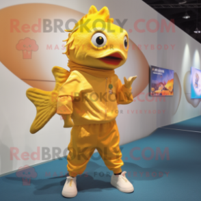 Gold Goldfish mascot costume character dressed with a Chinos and Shoe laces