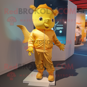 Gold Goldfish mascot costume character dressed with a Chinos and Shoe laces