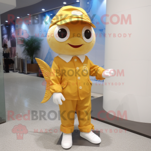 Gold Goldfish mascot costume character dressed with a Chinos and Shoe laces