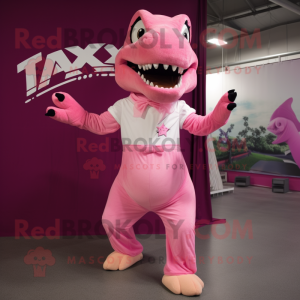 Pink T Rex mascot costume character dressed with a Maxi Skirt and Suspenders