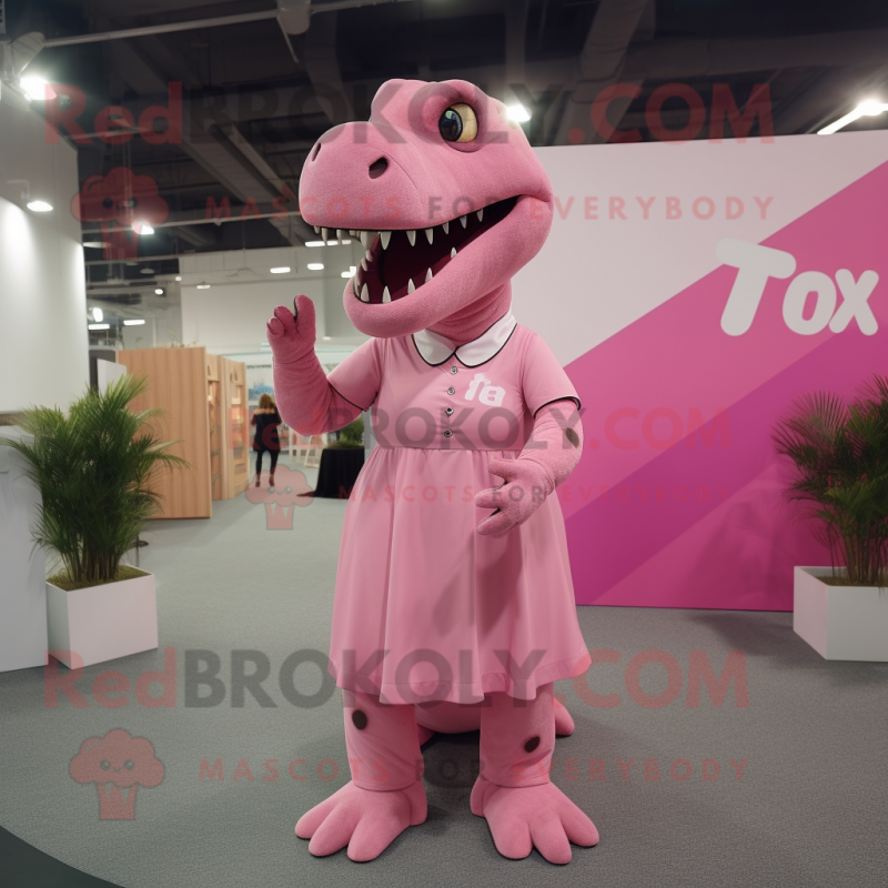 Pink T Rex mascot costume character dressed with a Maxi Skirt and Suspenders