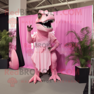 Pink T Rex mascot costume character dressed with a Maxi Skirt and Suspenders