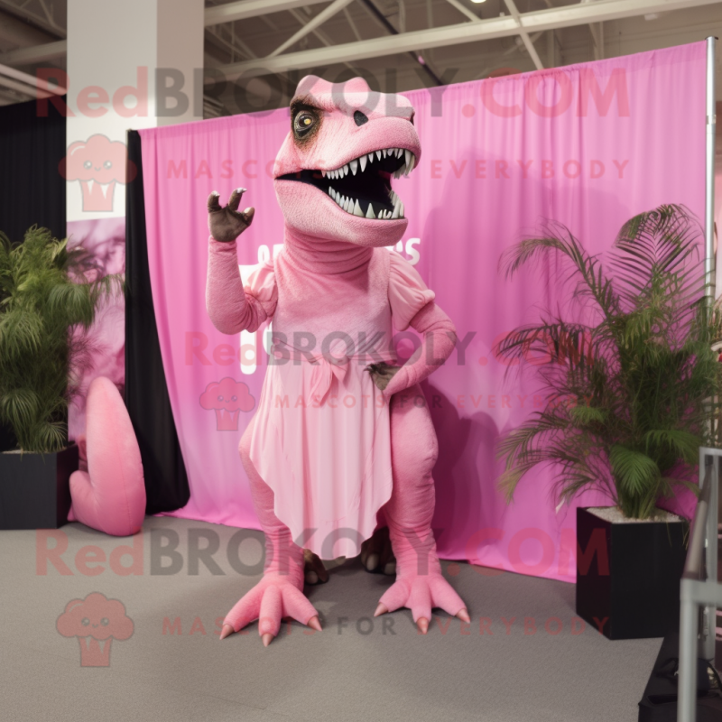 Pink T Rex mascot costume character dressed with a Maxi Skirt and Suspenders Pink T Rex mascot costume character dressed with a Maxi Skirt and Suspenders