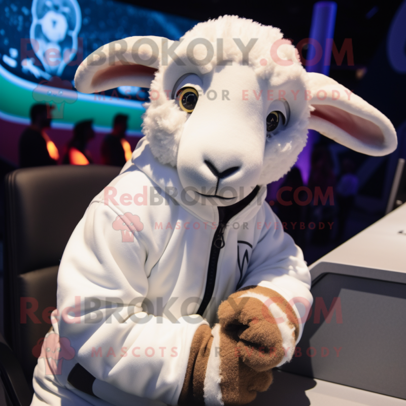 White Ram mascot costume character dressed with a Sweatshirt and Mittens