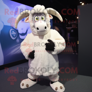 White Ram mascot costume character dressed with a Sweatshirt and Mittens