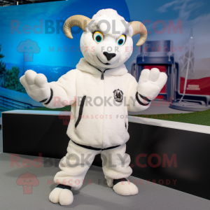 White Ram mascot costume character dressed with a Sweatshirt and Mittens