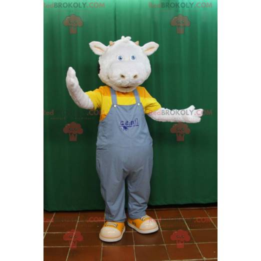 Maskot vit och svart ko klädd i overaller - Redbrokoly.com