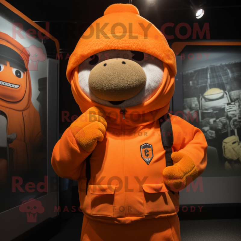 Orange Army Soldier mascot costume character dressed with a Hoodie and Beanies