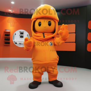 Orange Army Soldier mascot costume character dressed with a Hoodie and Beanies