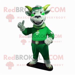 Green Zebu mascot costume character dressed with a Overalls and Bracelet watches