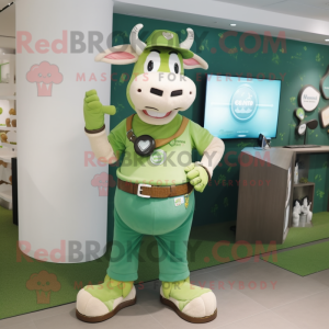 Green Zebu mascot costume character dressed with a Overalls and Bracelet watches