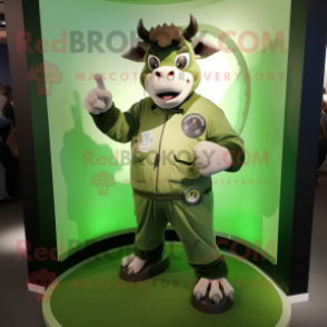 Green Zebu mascot costume character dressed with a Overalls and Bracelet watches