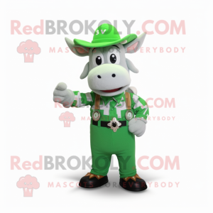 Green Zebu mascot costume character dressed with a Overalls and Bracelet watches