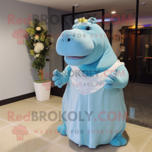 Cyan Hippopotamus mascot costume character dressed with a Wedding Dress and Tie pins