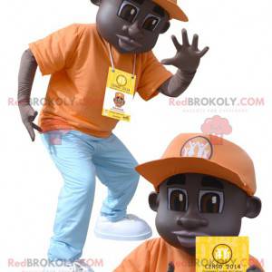 African American boy mascot dressed in orange outfit -
