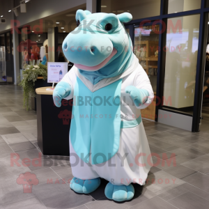 Cyan Hippopotamus mascot costume character dressed with a Wedding Dress and Tie pins