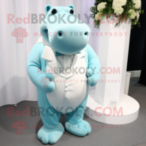 Cyan Hippopotamus mascot costume character dressed with a Wedding Dress and Tie pins