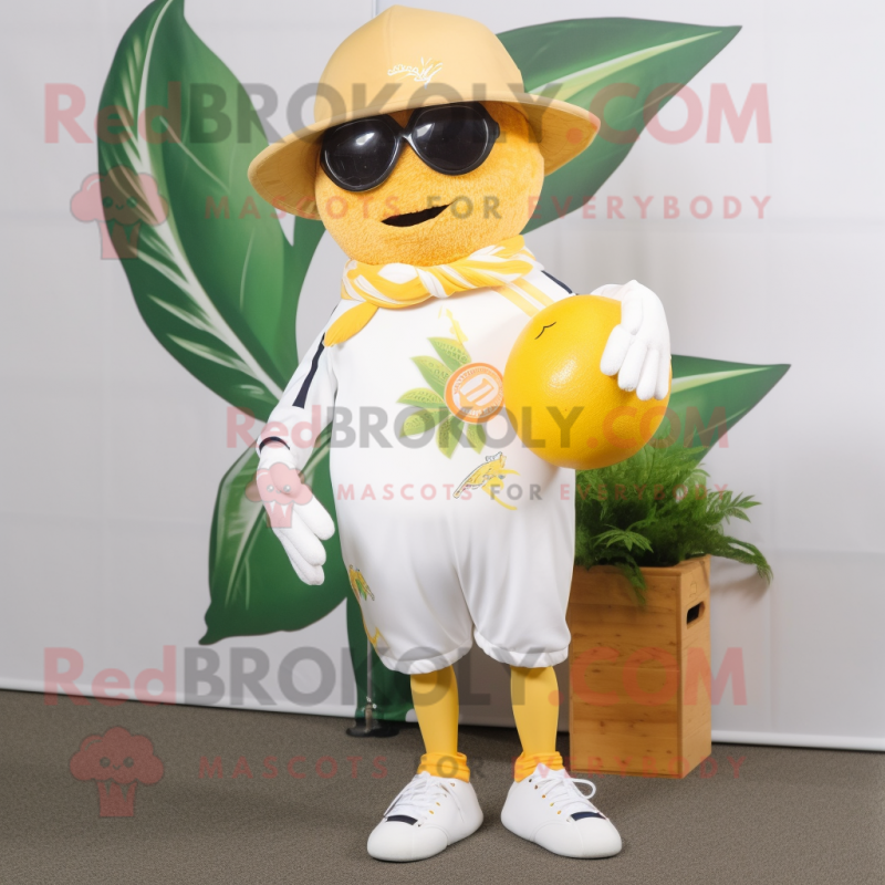 White Grapefruit mascot costume character dressed with a Rugby Shirt and Scarf clips White Grapefruit mascot costume character dressed with a Rugby Shirt and Scarf clips